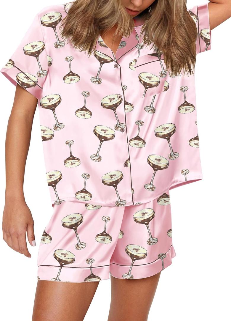 SHESHOW Pajama Set Pinks for Women 2 piece Comfy Satin Button Down Notch Collar Pink Loungewear Set Pink L SHESHOW Pajama Set Pinks for Women 2 piece Comfy Satin Button Down Notch Collar Pink Loungewear Set Pink L