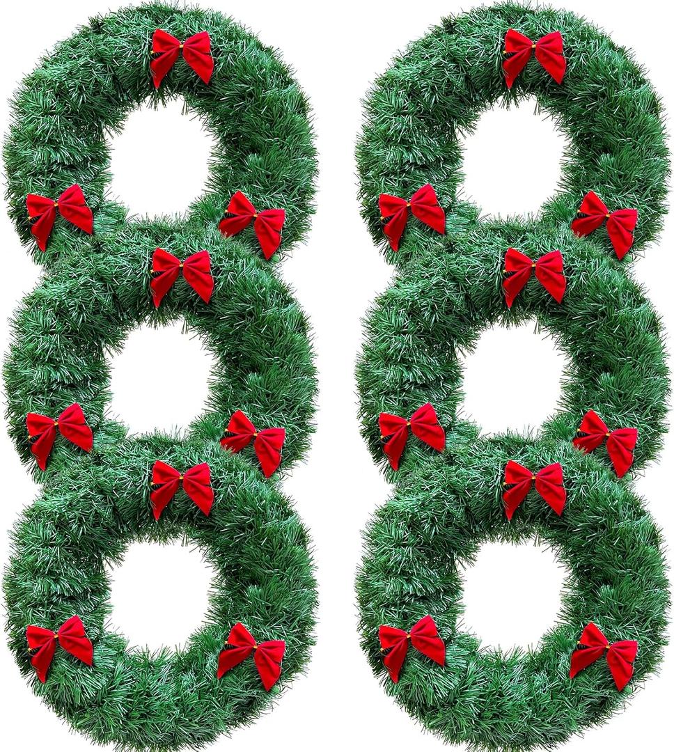 6 Pack Mini Christmas Wreaths for Windows Kitchen Cabinets, 12 Inch Small Christmas Wreath with Red Bows Artificial Christmas Tinsel Wreaths Mini Wreath Xmas Decorations for Home Door Wall Chair Stair