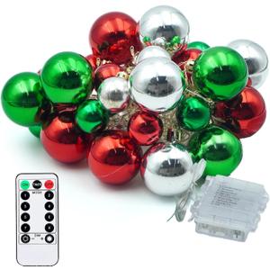 33ct Christmas Ball Ornaments with Lights, Christmas Decorations 8.2 Ft 100 LEDs Globe Ball Lights Outdoor Indoor for Tree urn Filler Flower Nursery Party Garden Yard Gazebo Decor (Red Green&White)