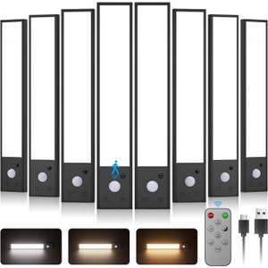 Tnight 8pack Under Cabinet Lighting Wireless,56 LED -3 Color& 7 Levels Cabinet Lights,3000mah Dimmable Cabinet Lighting, Motion Sensor Sensor Light Indoor for Kitchen, Magnetic Rechargeable Lights