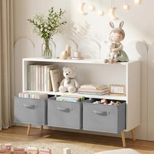 Kids Bookshelf and Toy Storages, 2 Tier Wooden Bookshelf for Kids with 3 Fabric Drawers, Bookcase for Kids Room, Nursery, Playroom, Kindergarten and Classroom (Grey), 35.43 x 11.02 x 23.6 inches