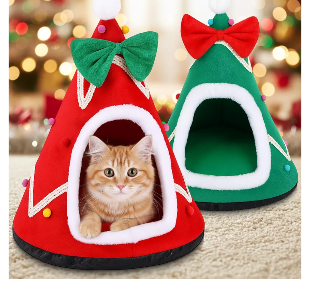 Novabright 2 Pcs Christmas Tree Cat Bed - Red & Green (1 Each), 15x16 Inches Small Size, Cotton Fleece Cave Bed with Non-Slip Bottom for 6 Lbs Kittens/Small Dogs