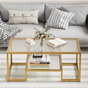 Wolawu Coffee Table Gold Glass Coffee Table for Living Room,2 Tiers Rectangle Center Table with Ribbed Glass Top and Sturdy Metal Frame,Modern Glass Accent Table for Bedroom Home Office, 39.3 x 18.89 x 17.71 inches