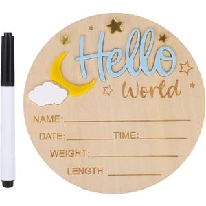 Birth Announcement Sign, Wood Hello World Newborn Name Board Welcome Baby Plaque for Hospital Nursery Gender Reveal(Style 2)