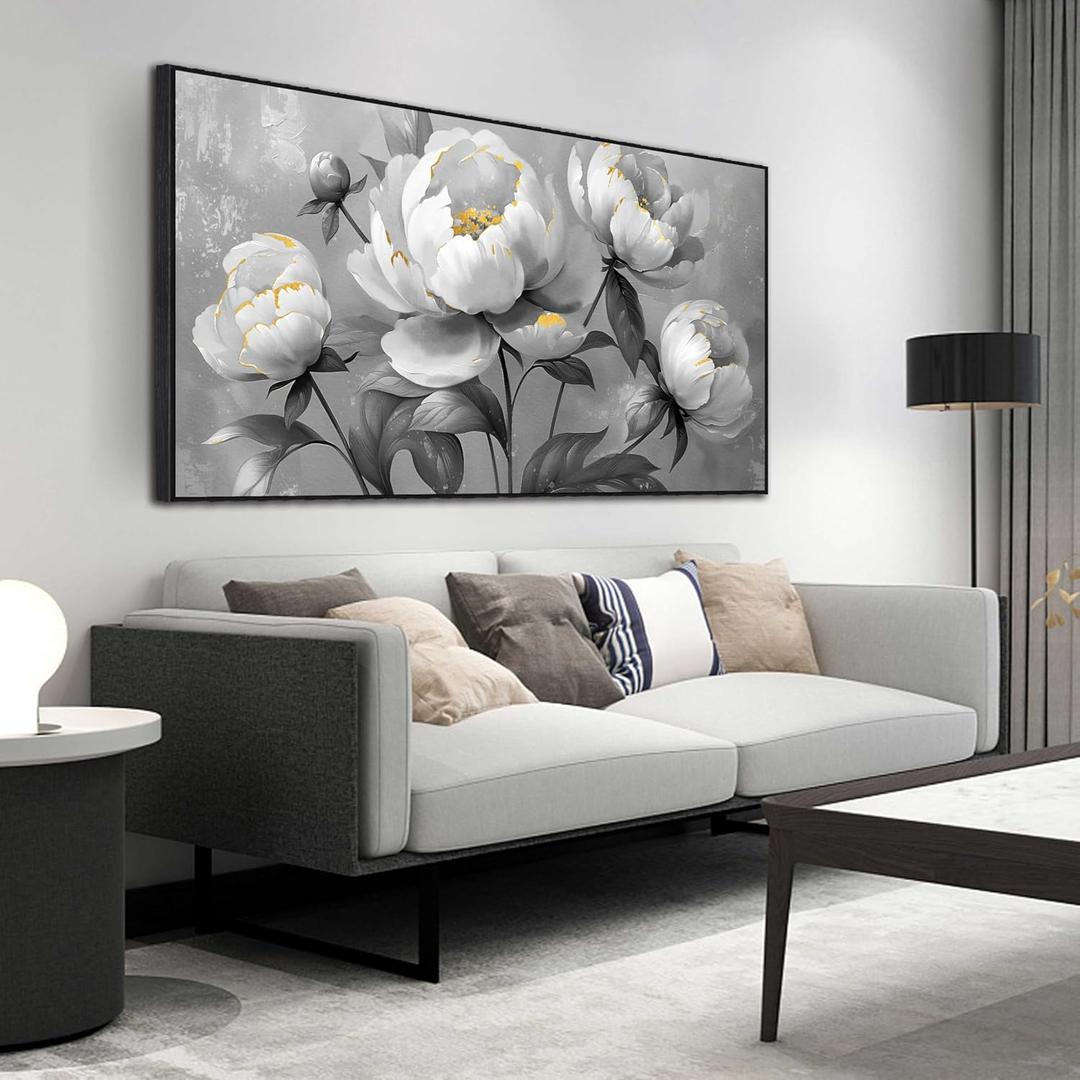 Large Black and White Flower Canvas Wall Art With Black Wood Frames for Living Room Bedroom Home Office Modern Canvas Prints Framed Canvas Wall Art Size 30x60