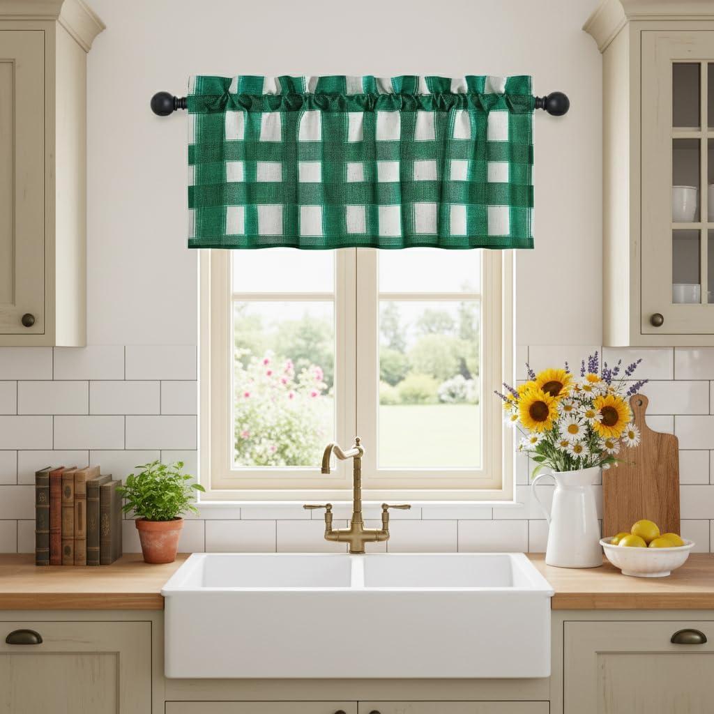 NICETOWN Green White Buffalo Plaid Valance for Windows, Linen Sheer Cafe Curtain Check Rod Pocket Rustic Farmhouse Kitchen Window Treatment for Living Room Bedroom, 1 Panel, 42" W x 18" L