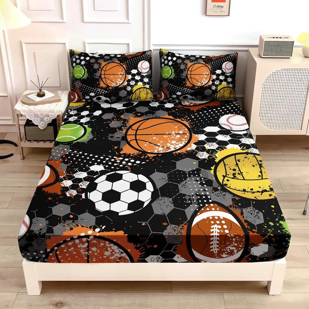 Kids Sports Balls Bedding Queen Bed Set,Tie-Dyed Football Basketball Baseball Print Fitted Sheet Set for Boys Room Decor,Sports Themed Bedding Fitted Sheet Set,1 Fitted Sheet+2 Pillowcases. (Black-orange)