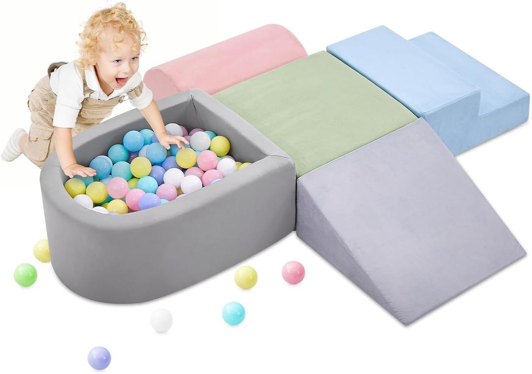 Climbing Toys for Toddlers , Foam Climbing Blocks with Ball Pit for Baby, 5-Piece Soft Toddlers Climbing Toy Indoor,Climbing Crawling Toys Soft Foam Blocks Activity Play Set(Balls not Included) (Blue/Grey)