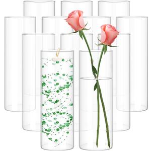 12 Pack Glass Cylinder Vases 10 Inch Tall Clear Flower Vase for Centerpieces, Hurricane Floating Candle Holder Wedding Decorations, Floral Vase Bulk for Table Shelf Party Home Deco (10 x 3.35 Inch)