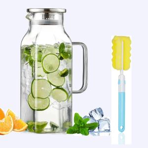 2 Quart (2 Liter 68 oz) Square Glass Pitcher,Water Pitcher with Lid and Handle, Borosilicate Glass Carafe for Hot/Cold Water, Iced Coffee, Juice, Tea, Milk and Homemade BeverageIncluding brushes