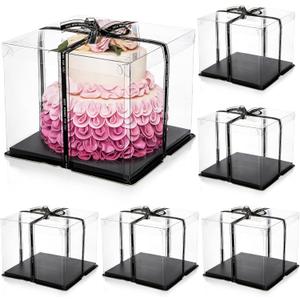 Cididu 6 Pack Large Clear Cake Box with Ribbon, Tall Cake Box Carrier 12x12x10 Inch, Tiered Transparent Cake Packaging Boxes with Lid and Board, PET Clear Gift Containers for Birthday Wedding Party