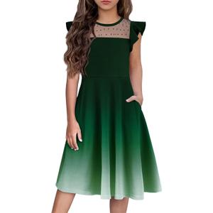 Flypigs Girls Dresses Summer Formal Party Wedding Ruffle Sleeve Mesh Knee Length A Line Dress with Pockets (11-12 Years)