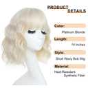 Platinum Blonde Wigs for Women 14 Inch Wavy Bob Wig with Bangs Natural Looking Synthetic Wigs for Daily Party Cosplay Use