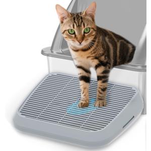 Elevated Litter Box Ramp/Steps for Kittens & Old Cats,Washable Litter Catcher Stairs for Automatic Cat Litter Box,Anti-Tracking Cat Litter Mat Pedal with Filter,Easy to Clean (Light Grey)