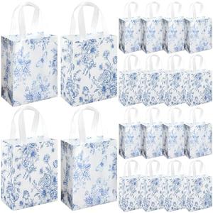 Wovnet 30 Pcs Blue Floral Gift Bags Bulk Reusable Non Woven Vintage Floral Tote Treat Goodie Candy Bags with Handles Spring Flowers Party Favors Pouch for Holiday Wedding Party Decor 10 x 8 x 4 Inch