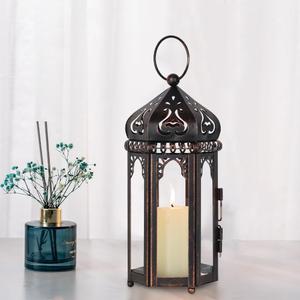 DECORKEY Vintage Medium Size Candle Lantern Decorative, Moroccan Style Vintage Hanging Lantern with Clear Glass, Metal Tabletop Lantern Decor, Indoor Outdoor Candle Holders for Coming Season