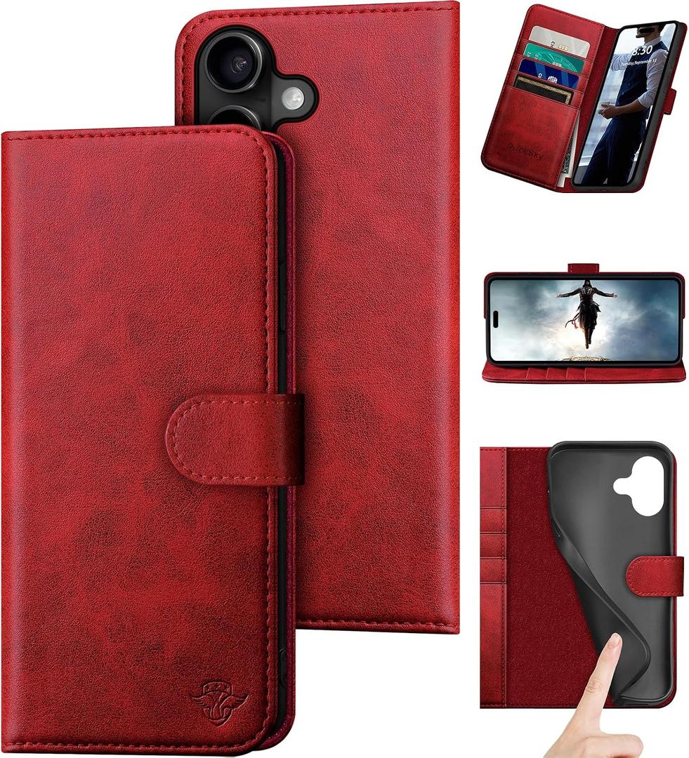 DuckSky Compatible with iPhone 17 6.3" Genuine Leather Wallet caseRFID Blocking4 Credit Card HolderReal Leather Flip Phone case Cover Women Men for Apple 17 case Red