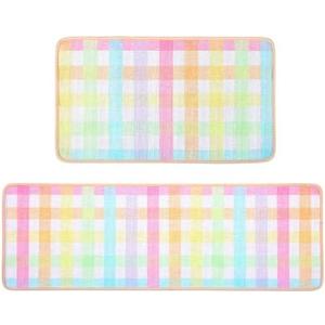 Tinideya Easter Kitchen Mats Set of 2, Pastel Plaid Kitchen Rugs 47 x 16+ 28 x 16 Colorful Sink Mats Decor Easter Holiday Non Slip Rugs for Indoor Floor Bathroom Doormat Living Room Doorway