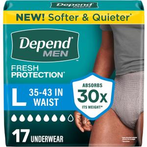 Depend Fresh Protection Adult Diapers, Incontinence Underwear for Men, Disposable, Maximum, Large, Grey, 17 Count