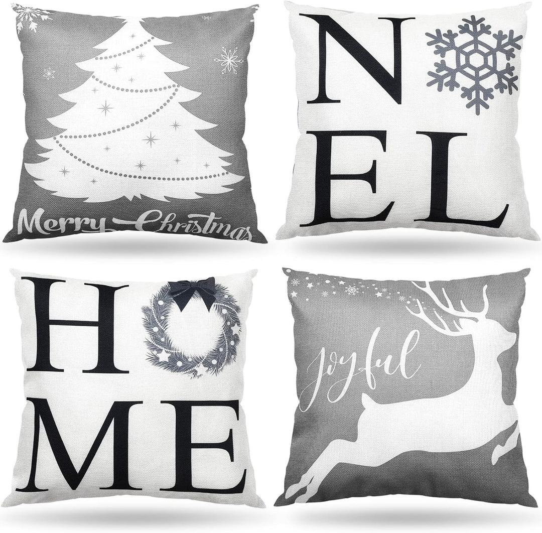 Lounsweer 4 Pieces Gray Christmas Pillow Covers 18 x 18 Inch Set Snow Reindeer Pillow Covers for Christmas Farmhouse Decorations Christmas Tree Noel Home Winter Holiday Decor Throw for Couch