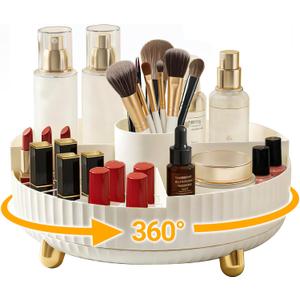 Rotating Makeup Organizer with Brush Holder Spinning Tray for Cosmetics, Skincare, Perfume Bathroom Vanity Storage, White