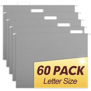 HERKKA Hanging File Folders, 60 Pack Reinforced Letter Size Hanging Folders, Designed for Bulky Files, Filing Cabinet, 1/5-Cut Adjustable Tabs (Gray)