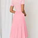 ZESICA Women's 2026 Casual Striped Midi Dress Crewneck Short Sleeve Button Ribbed Knit Swing Pleated A Line Dresses (Pink, S)