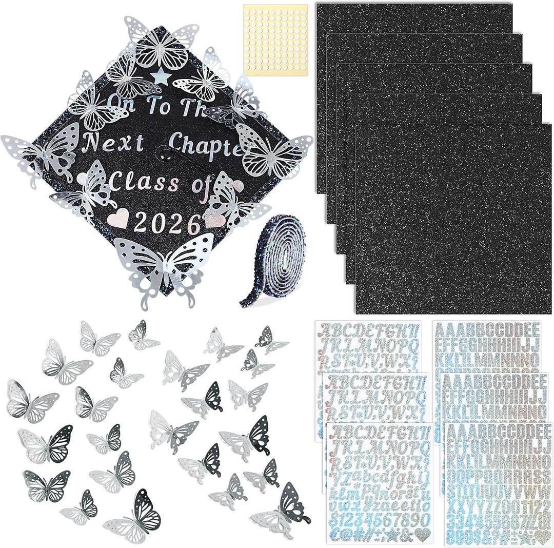 Wavwavw 37 Pcs DIY Graduation Cap Decorations Kit, Glitter Papers, 3D Butterfly Self Adhesive Rhinestones Stickers Alphabet Letter Stickers for 2026 Grad Hat Decor Party Supplies(Black)