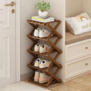 Narrow Shoe Rack-Free Standing Shoe Racks-Bamboo Shoe Storage Organiser Vertical Foldable Shoes Shelf for Entryway,Closet,Hallway,Bedroom (Tawny, 5 Layer)