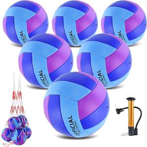 6 Pack Volleyballs Official Size 5, Waterproof Soft Bulk Recreational Volley Balls with Pump and Net Bag for Indoor Outdoor Beach Pool Water Sand Game Training Match for Beginner Teenager (Purple Blue)