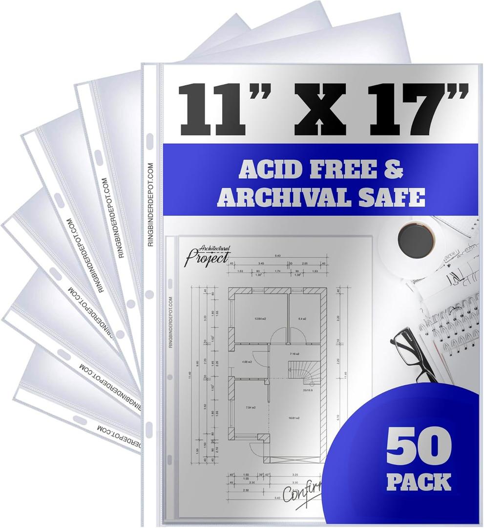 Performore 11 x 17 Sheet Protectors with 90 Microns Thick, Portrait View, Top Loading, Protect, Store and Display 11X17 Paper, Photographs, Prints, and Documents, 50 Pack
