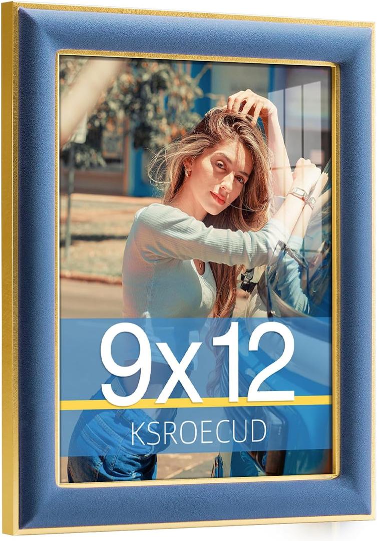 9x12 Velvet Picture Frame, Navy Blue 9x12 Velvet Photo Frame with Vintage Gold Border, 9 by 12 Poster Frame with HD Real Glass Horizontal & Vertical Display for Tabletop and Wall Decor (1 Pack)