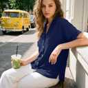 Dokotoo Women's Dressy Casual V Neck Short Sleeve Button Down Shirts Relaxed Work Business Loose Blouses Tops (Blue) L