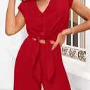 PRETTYGARDEN Women's Summer 2 Piece Outfits 2026 Cap Sleeve V Neck Belted Crop Tops Wide Leg Pant Sets Casual Tracksuit (Red, XL)