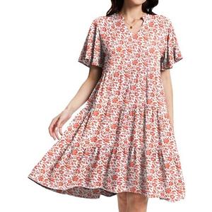 HeJoy Womens Casual Tiered Swing Midi Dress Ruffle Sleeve V Neck A Line Petite Summer Dresses with Pockets, Flower-rose-red-01 L