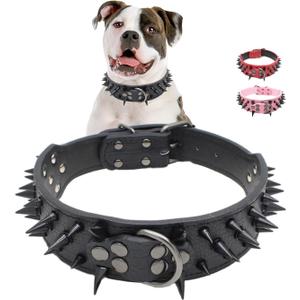 Spiked Dog Collars for Medium Large Dogs, Sharp Spike Studded Anti-Bite Protect Pets Neck Adjustable for Mastiff Pitbull Pug Bulldog, Black Rivets 2-Inch Wide Black Faux Leather 19-22" Spiked Dog Collars for Medium Large Dogs, Sharp Spike Studded Anti-Bite Protect Pets Neck Adjustable for Mastiff Pitbull Pug Bulldog, Black Rivets 2-Inch Wide Black Faux Leather 19-22"