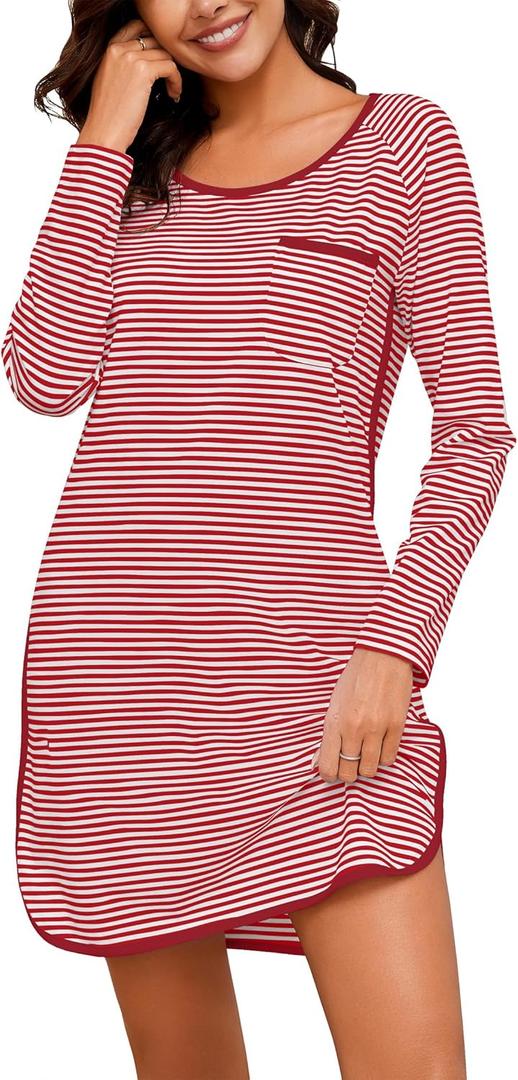 Cotton Nightgowns for Women Soft Striped House Dress Long Sleeve Sleep Shirts Fall Sleepwear Night Gown Nightshirt (Medium, Red)