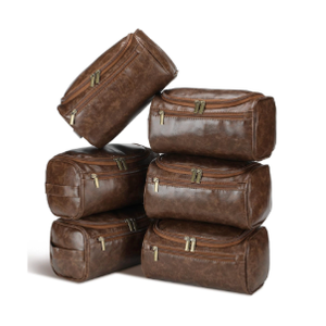 Aliceset 6 Pcs Groomsmen Gift Groomsmen Toiletry Bags Set of 6 Leather Toiletry Bag for Men with Hook Leather Wedding Proposal Bag with Side Handle Father Gift(Dark Brown)