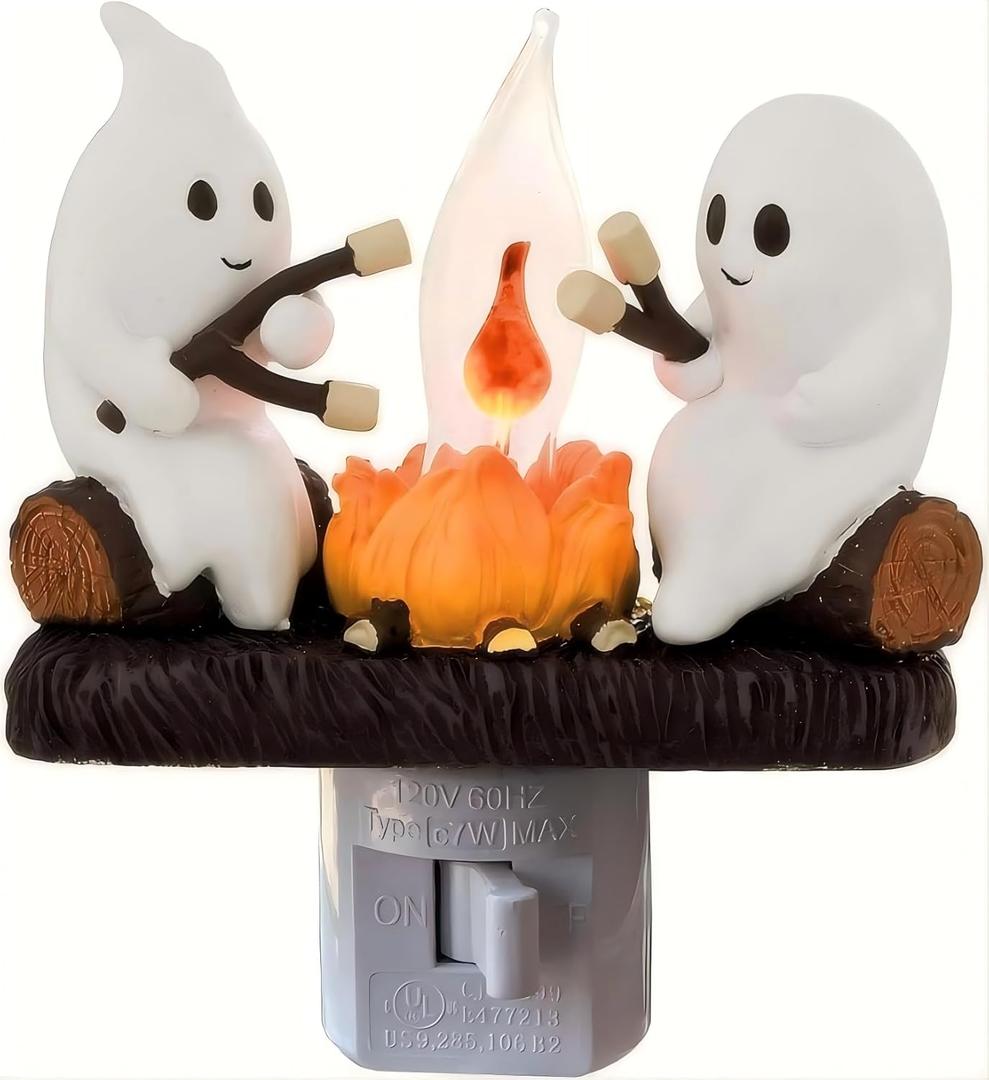 Ghost Campfire Nightlight,Halloween Campfire Flickering Night Light,3D Spooky Fire Marshmallow Night Light for Halloween Decor (Cute Ghost)