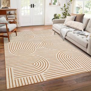 Washable Rug 8x10 Area Rugs for Living Room, Abstract Rug for Bedroom, Soft Rainbow Non Slip Throw Rugs with Rubber, Low Pile Stain Resistant Boho Geometric Carpet for Dining Room, Orange