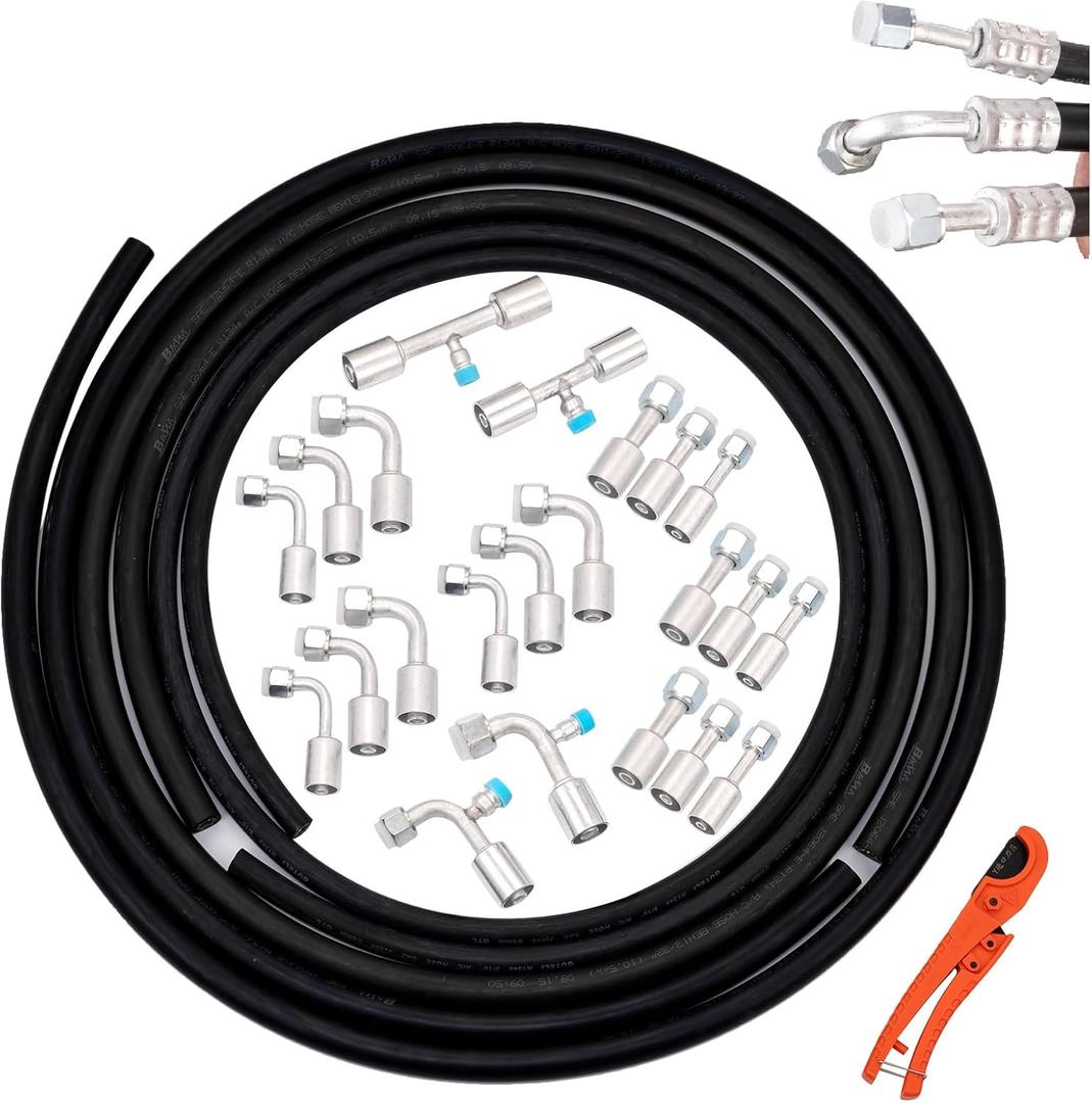 26PCS 9.5ft Air Conditioning Hose and Fitting Kit Includes 9.5ft #6#8#10 AC Hoses and #6#8#10 AC Fittings and pipe cutter