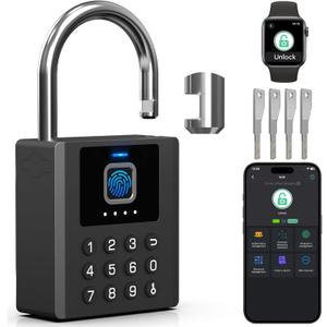 Eseesmart Heavy Duty Fingerprint Padlock with Key, Smart Combination Gate Lock, High Security 8mm Shackle with Double Notch Outdoor Weatherproof for Gate Fence Shed Storage Unit Containers