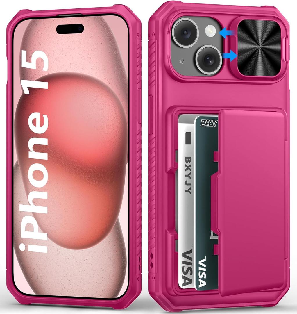 BXYJY for iPhone 15, iPhone 14, iPhone 13 Wallet Case with Card Holder(45 Cards), Slide Camera Cover, Military Grade Drop Protection, Heavy Duty Girly Men Phone Case for iPhone 15/14/13, Hot Pink