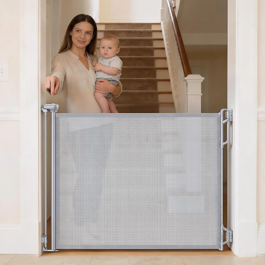 Retractable Baby Gate for Stairs & Doorways - 55" Wide Portable Safety Gate | Fits Baseboards, Easy to Use Indoor/Outdoor | Mesh Gate for Dogs, Puppies, Gray
