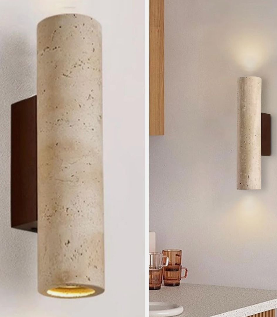 Natural Yellow Travertine Wall Lamp, 12"H Long Linear Stone Wall Sconce with Stone Lampshade Wooden Base, Mid Century Modern Wall Sconces for Dining Room Bedroom Living Room Hallway (Indoor Use)