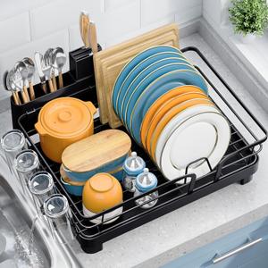 Dish Drying Rack for Kitchen Counter, Multifunctional Dish Drainer Rack, Kitchen Dish Rack Black, Sink Kitchen Dishes Strainer, Plate Rack with Drain Board, Cup Holder, and Cutlery Holder (Height 5.96")