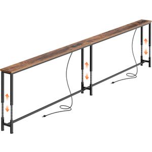 Huuger 102.4 Inch Sofa Table with Power Outlets, 23.9-34.4 Height Adjustable Range, Behind Couch Table with USB-C Ports, Sofa Tables Narrow Long, Skinny Console Table, Small Spaces, Rustic Brown