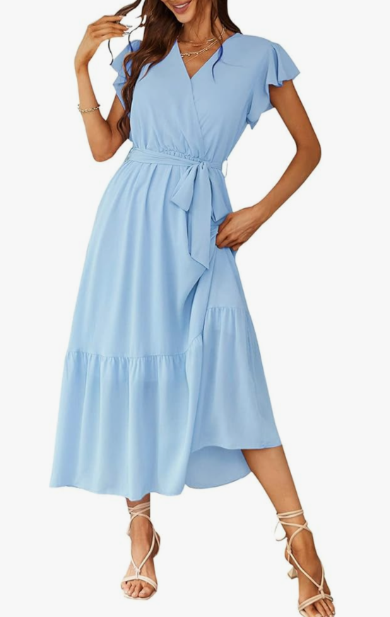 PRETTYGARDEN Women's Summer Floral Boho Dress Wrap V Neck Short Sleeve Ruffle A-Line Flowy Maxi Wedding Guest Dresses (Light Blue X-Large)