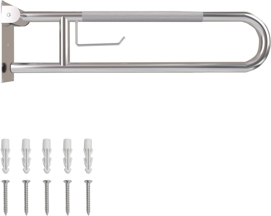 Toilet Grab Bar, Fold Down Grab Bar with Paper Holder, Knurled Anti-Slip Grab Bars for Toilet, Stainless Steel Handrails Toilet for Seniors Disabled Elderly Pregnant, Brushed Nickel, 30 Inch