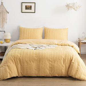WARMDERN Yellow Boho Duvet Cover Set Queen Size, Striped Textured Duvet Cover Tufted Bedding Set, 3 Pcs Ultra Soft Washed Microfiber Duvet Cover with Zipper Closure (Queen, Yellow)